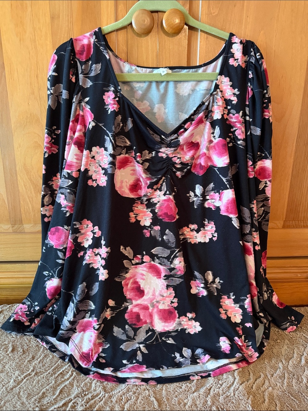 Maurices Black Floral V-Neck Long Sleeve Top with Pink Roses